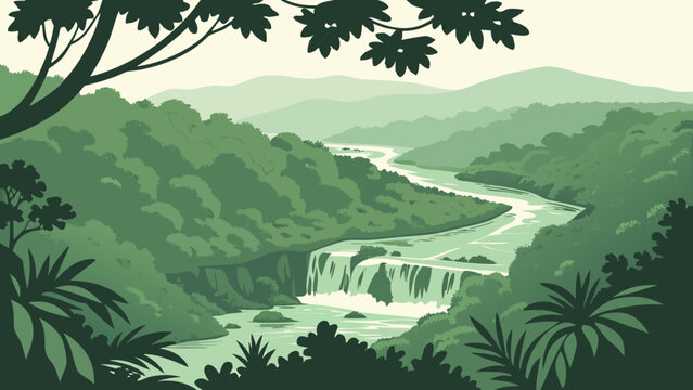 Tropical jungle waterfall in deep rainforest with waterfall, rainforest