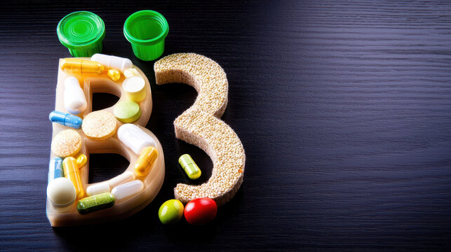 Vitamin B3 supplements arranged creatively with colorful capsules and tablets on dark wooden surface, showcasing health and nutrition