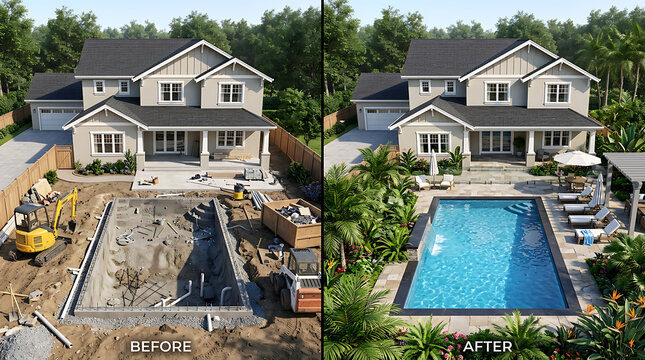 tranquil backyard transformation showcasing a modern two-story house with a completed swimming pool and lush greenery for