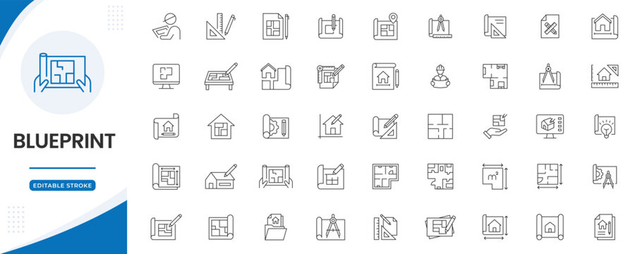Blueprint icon set in editable stroke. Collection of blueprint, architecture, construction, engineering, design, and planning icons. Vector icon collection.