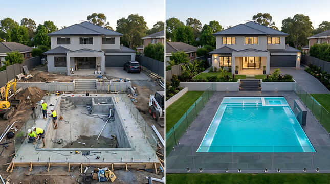 Progression of a modern backyard pool installation from construction site to fully finished outdoor swimming pool with landscape