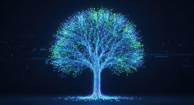Abstract glowing digital connections weaving together to form a majestic luminescent tree against a dark blue futuristic cyber background, system, internet, light