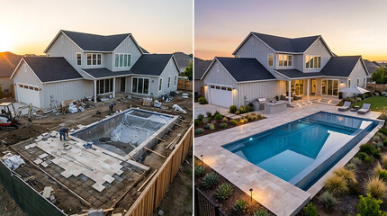 Fototapeta premium Progression of a modern backyard transformation highlighting construction to finished outdoor pool area in a family home setting