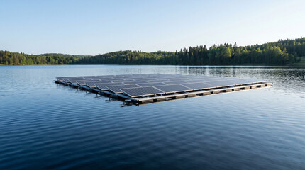 Fototapeta premium Floating solar farm on calm blue lake, innovative renewable energy