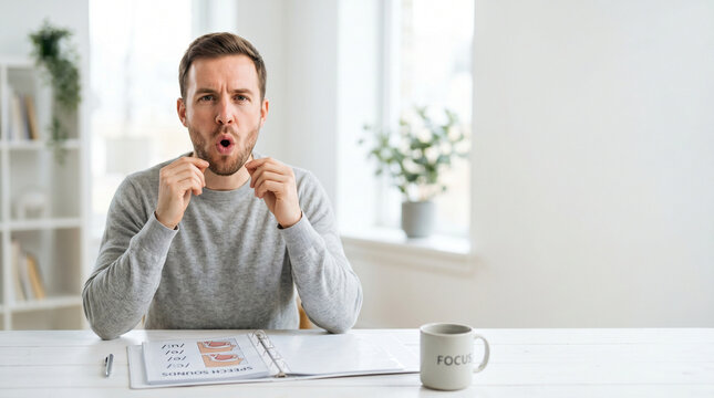 Man practicing speech sounds while sitting at a table indoors - Concept of World Stroke Day  