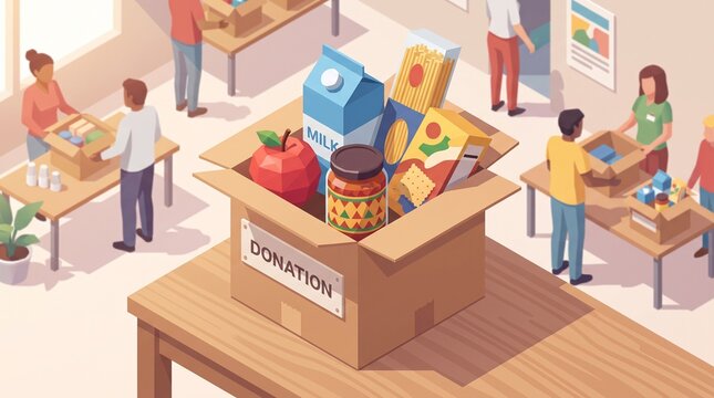 Isometric 3D digital illustration of a cardboard food donation box filled with groceries, with volunteers packing boxes in the background.