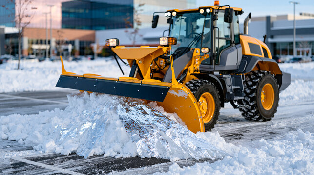 Bright yellow snow plow removing heavy snowfall from the center of a commercial parking lot, freshly cleared asphalt contrasting with remaining white snow, shimmering icy streaks illuminated by low 