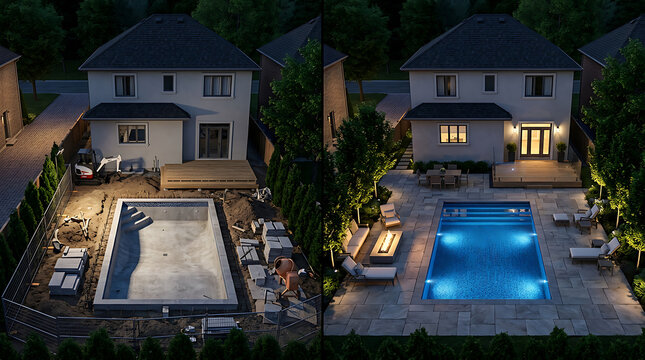 Transformative backyard renovation showcasing a modern transition from an empty pool to an illuminated swimming oasis at night
