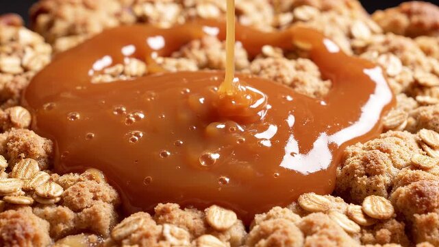 Delicious caramel sauce pouring over crunchy granola cereal for breakfast.