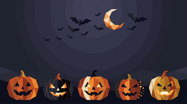 Halloween pumpkins with bats and moon. Low poly jack-o-lanterns for holiday background.
