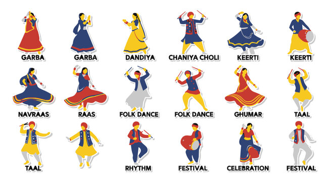 Colorful flat vector illustration of indian folk dancers performing traditional garba and dandiya raas dances in vibrant ethnic attire during navratri festival celebration