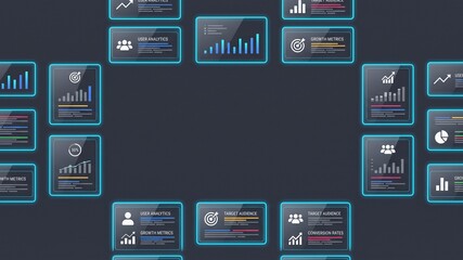 Fototapeta premium Digital Data Analytics Dashboard with Glowing Interface Panels and Business Metrics