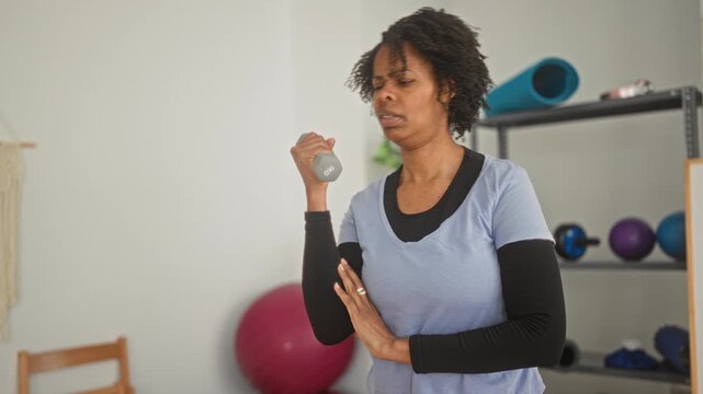 Young african american woman performing a single arm dumbbell curl in a home exercise studio with yoga mat, roller and stability ball visible; steady determination.