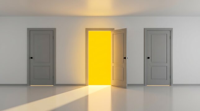 Three closed gray doors on white wall with one open door in center showing bright yellow light beaming out onto clean floor representing choice opportunity and new beginnings.