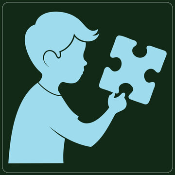 Boy holding puzzle piece, problem solving and education concept, simple flat art design against dark green background.