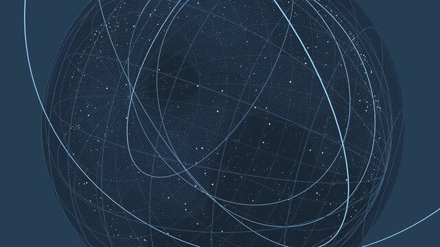 Global network connection grid featuring orbital vector lines and glowing particle data points around a dark blue sphere for tech backdrops