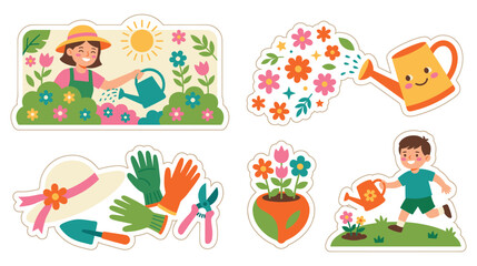 Fototapeta premium Cute cartoon gardener watering plants in sunny garden, surrounded by flowers and butterflies.
