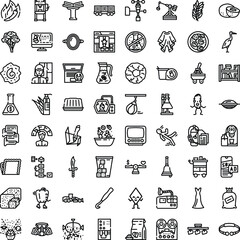 Fototapeta premium Set of diverse outline icons depicting various objects, symbols, and concepts related to everyday life, business, technology, and hobbies, presented in a clean line art style