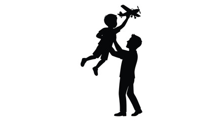 Father And Son Silhouette With Toy Airplane Against White Background © Momtaj