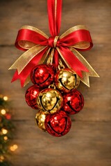Fototapeta premium A decorative arrangement of red and gold ornaments hanging from a ribbon, perfect for festive occasions or gift wrapping