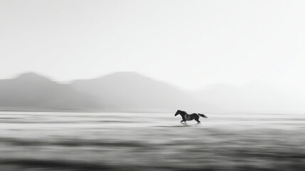Fototapeta premium A solitary horse, in motion across a vast, misty plain, against a hazy mountain range, evokes a sense of serene freedom.