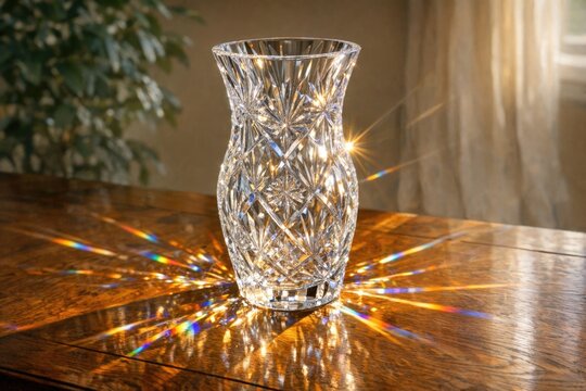 A delicate crystal vase sits atop a wooden table, perfect for decorative purposes or as a centerpiece