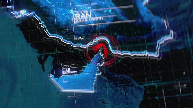 Digital map of Hormuz Strait with HUD interface, topographic relief, modern tech