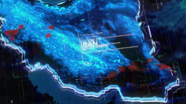 Digital map of Iran with futuristic HUD interface, Iran war, military conflicts