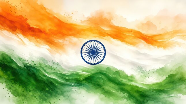 Watercolor Indian flag painting, tricolor saffron white green brush texture, national emblem Ashoka Chakra art background isolated PNG with Transparent Background