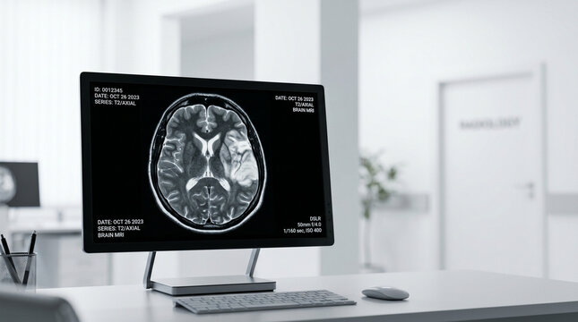 MRI scan of brain stroke displayed on monitor in medical office  