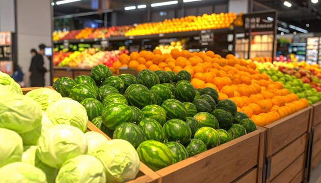 Abundant fresh green cabbages and small watermelons displayed in wooden crates at a grocery store