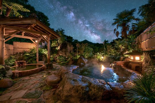 幻想的な露天風呂から見上げる満天の星空は心を癒す夜の温泉旅行
