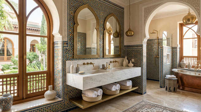 Luxury Moroccan Bathroom with Zellige Tiles, Marble Double Vanity, and Copper Bathtub