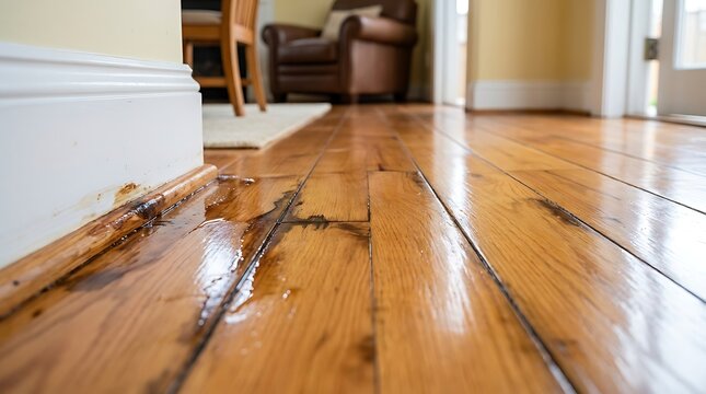 Close up of water leaking on hardwood floor near baseboard in modern house causing damage to timber surface and potential mold growth needing professional restoration and repair.