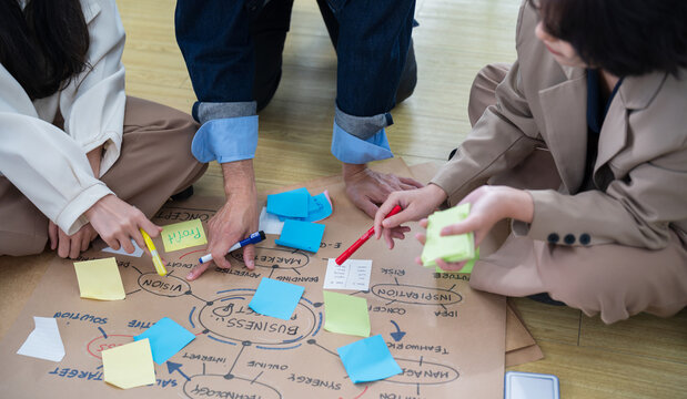 Close-up of business team writing sticky notes during strategy brainstorming meeting