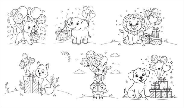 Animal balloon parade with cute forest friends, fun kids coloring page
