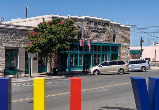 Killeen, TX - July 10 2026: The Raul G Villaronga Municipal Annex building viewed from the street with cars parked in front on a summer day.