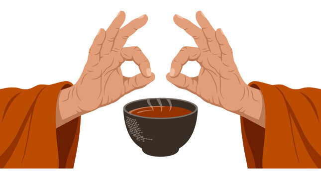 Zen monk hands performing mudra vector over tea bowl
