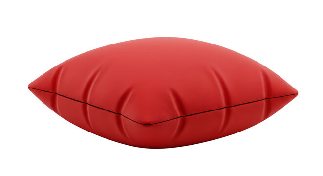 A plump, bright red cushion with dark stitching, presented against a clean white background