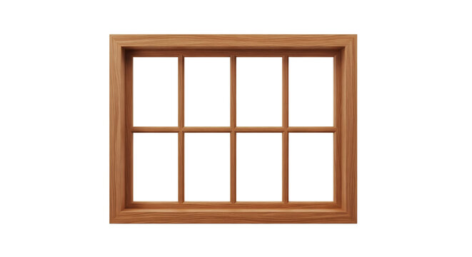 Classic Wooden Window Frame with Eight Rectangular Panes Isolated on White Background