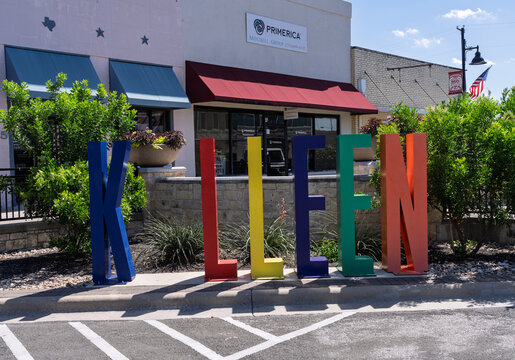 Killeen, TX - 10 July 2026: A vibrant, large-scale letter sign spelling out the city name displayed in front of a commercial business building.