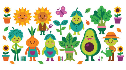 Naklejka premium Kawaii vegetable characters in garden setting, happy plants and fruits, vibrant colors.