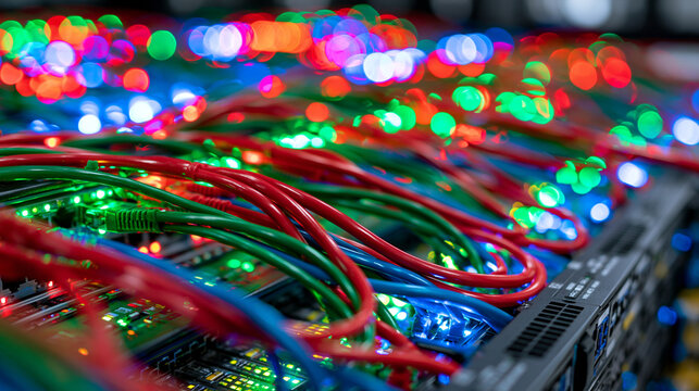 Modern hyperscale data center featuring multiple connected server cabinets with neatly arranged red, green, and blue network cables weaving through the racks, glowing LED indicators creating a vibra