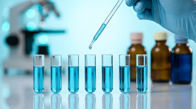 Scientist in lab coat using pipette to dispense blue liquid into glass test tubes during biochemical experiment for medical research and clinical diagnostic analysis development.