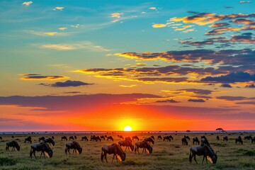Wildebeest herd graze in African savanna at sunset. Animals eat grass during golden hour in wild plains. Vibrant orange sky with clouds looms over vast landscape. Nature scenery shows beautiful © Vadym