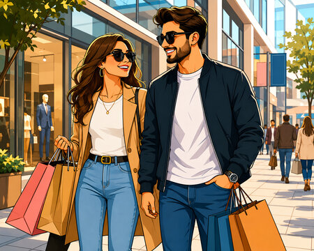 Stylish Couple Shopping Together in a Modern City