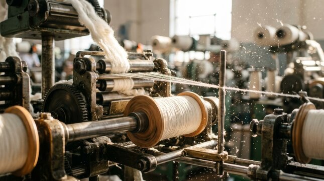 A textile loom spins white yarn on metal rollers in a factory.