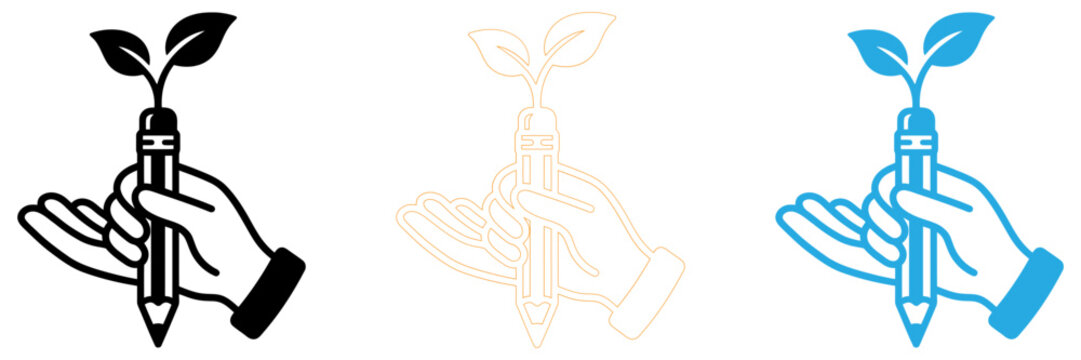 Hand holding plant sprouting with water droplets illustration isolated on transparent background, Vector
