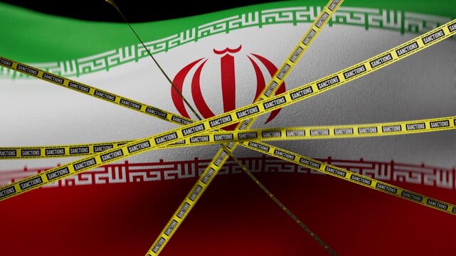 Flag of Iran crossed with yellow warning tape, energy and economic sanctions