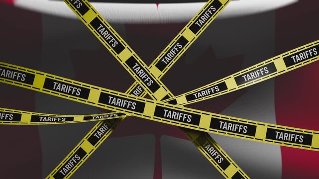 Canadian flag behind yellow warning tape, import tariffs and trade restrictions